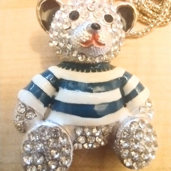 BETSEY JOHNSON TEDDY BEAR PIN NECKLACE BLUE SWEATER - Picture 2 of 5